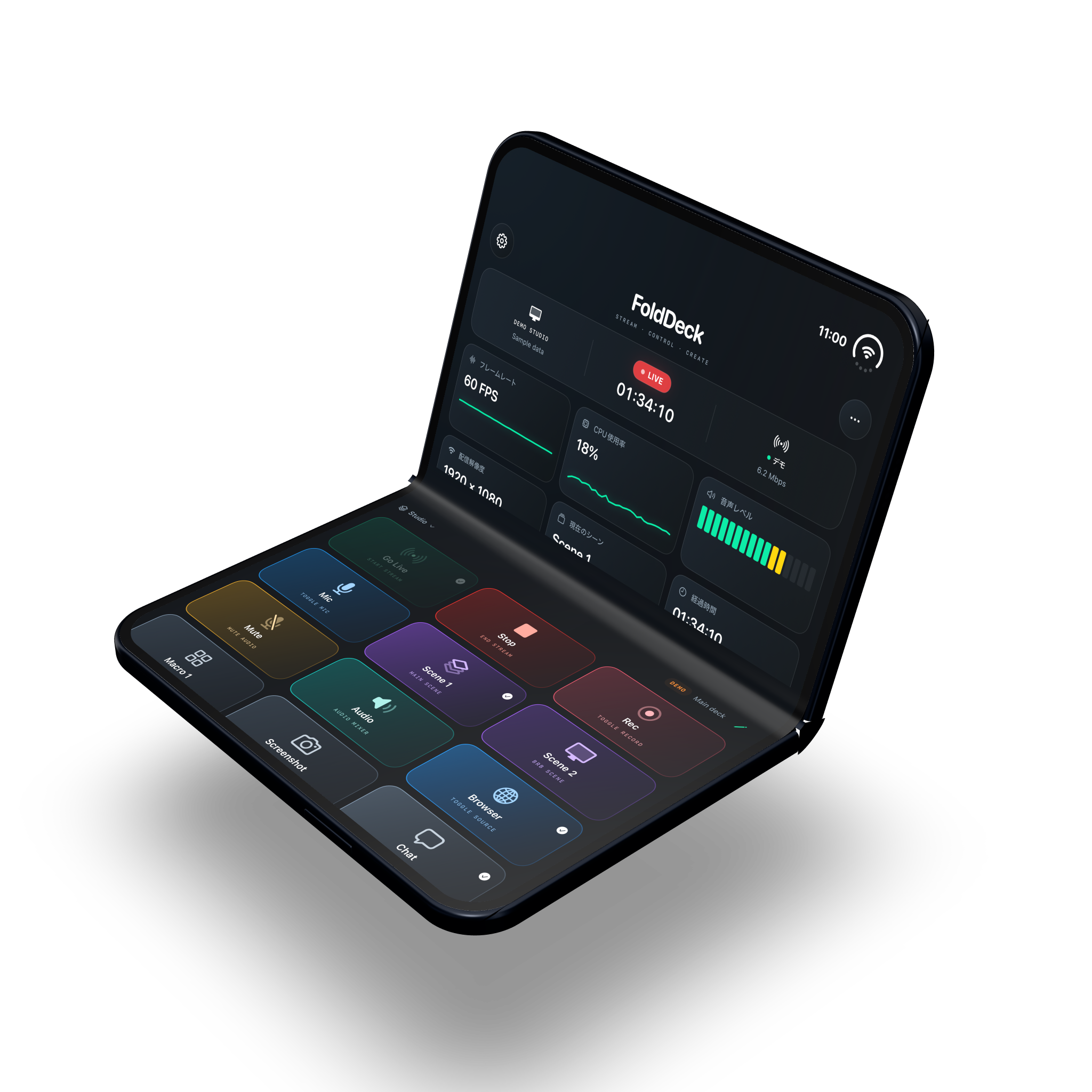 半開きのiPhone DuoでFoldDeckを操作するモックアップ